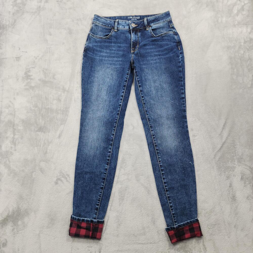 Maurices Jeans Womens M TALL Blue Mid Rise Skinny Cuffed Plaid Stretch Jegging